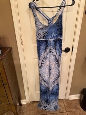 Blue Patterned Crisscross Maxi Dress